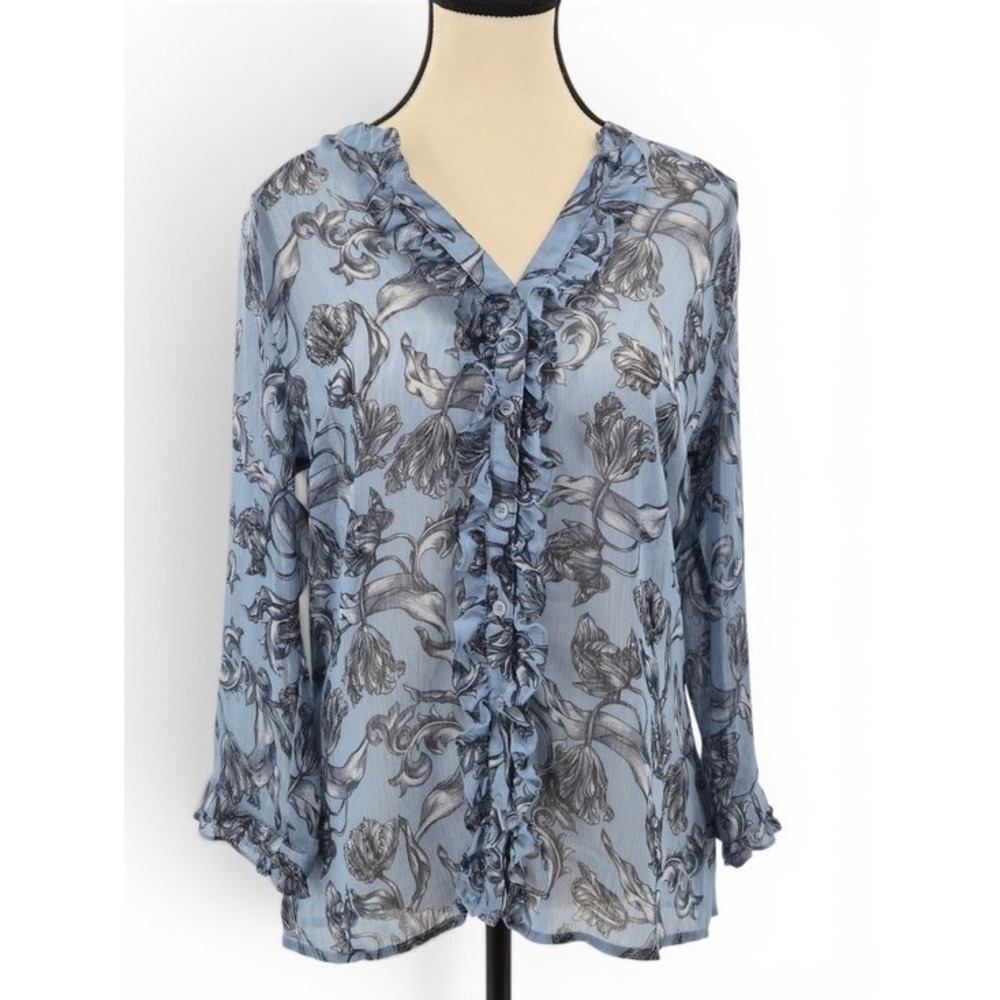 Women's Blue Black Floral Sheer Blouse M Ruffle Button Front Chiffon Long Sleeve